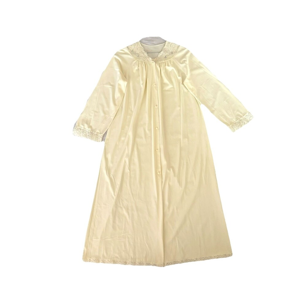 Vintage Shadowline Pale Yellow Silky Robe Nylon Lace Trim Peignoir Rose Buds MED